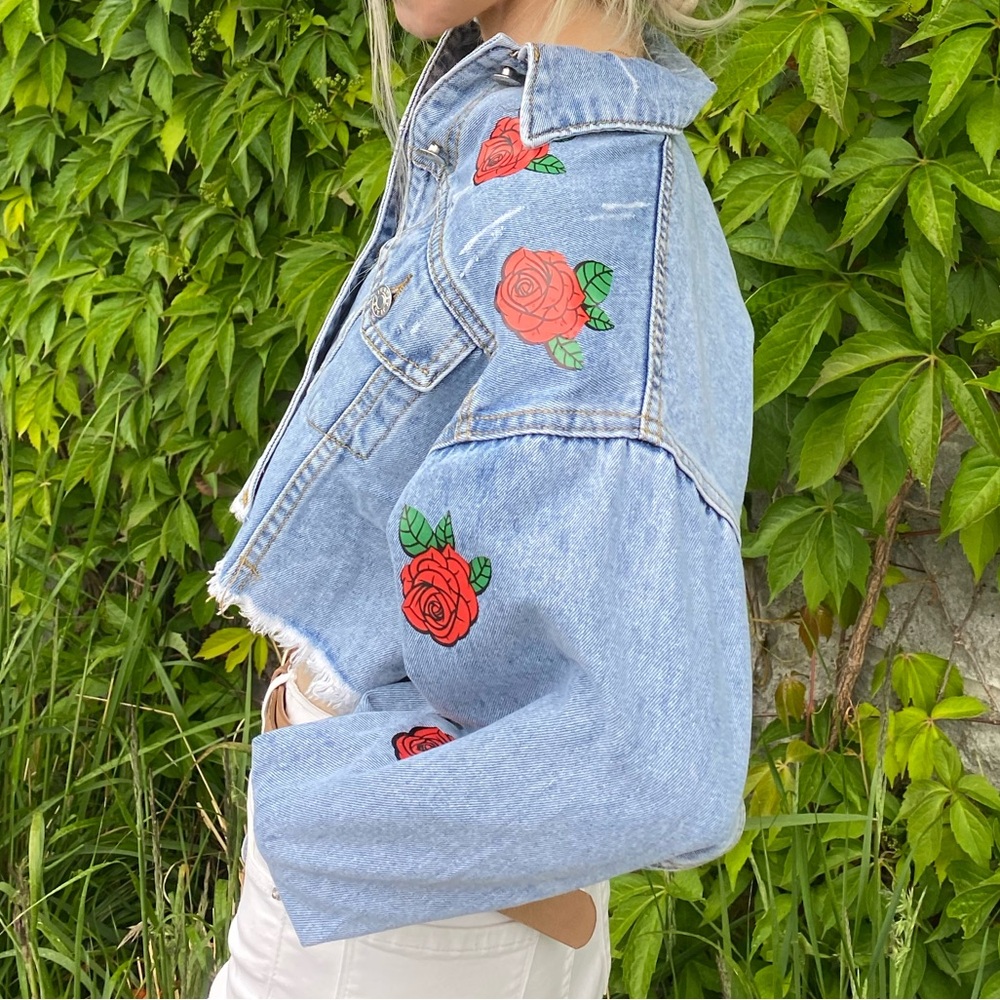 Mega Cropped Denim Jacket with Rose Embroidery by Lulu Simone - Picture 2 of 14